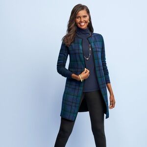 EUC Talbots wool black watch plaid open-front merino cardigan